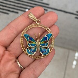 LARGE VINTAGE ITALIAN .800 SILVER FILIGREE PLIQUE AJOUR ENAMEL BUTTERFLY PENDANT
